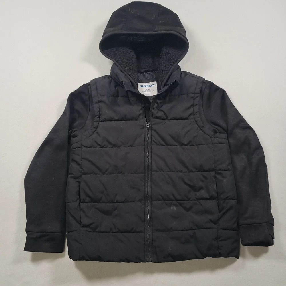 Old Navy‎ Boys Hybrid Frost-Free Puffer Jacket M 8 Black Hooded Fleece